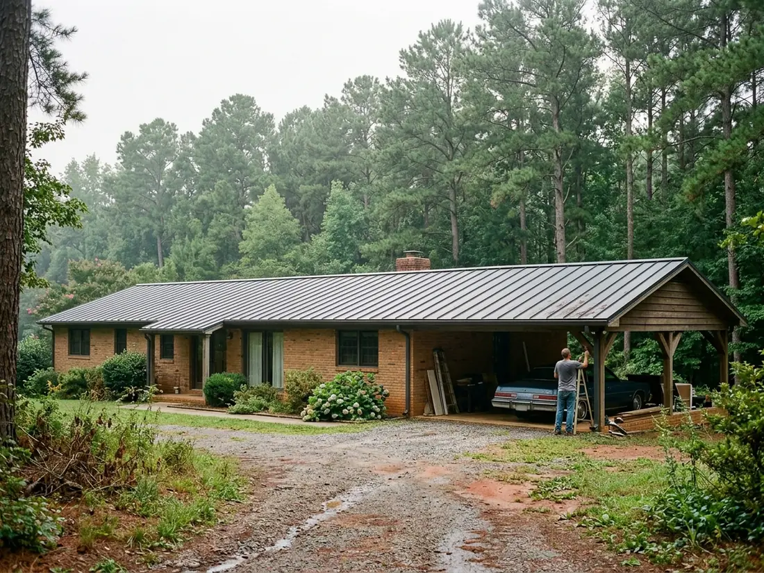 Dark gray aluminum standing seam roof on a single-story brick house with a wide carport, loblolly pines behind