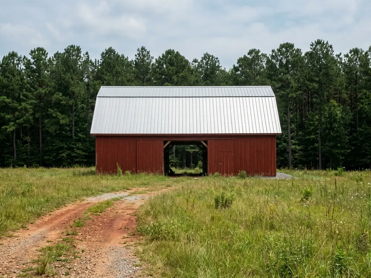 Red post-frame pole barn with a Galvalume ribbed metal roof, exposed screw rows along each purlin line, open pasture and pines behind