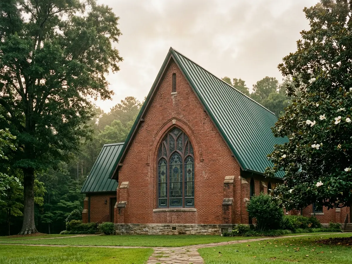 Red brick sanctuary with a tall, steep front gable roofed in deep green standing seam metal, seams running from the ridge down to the eaves