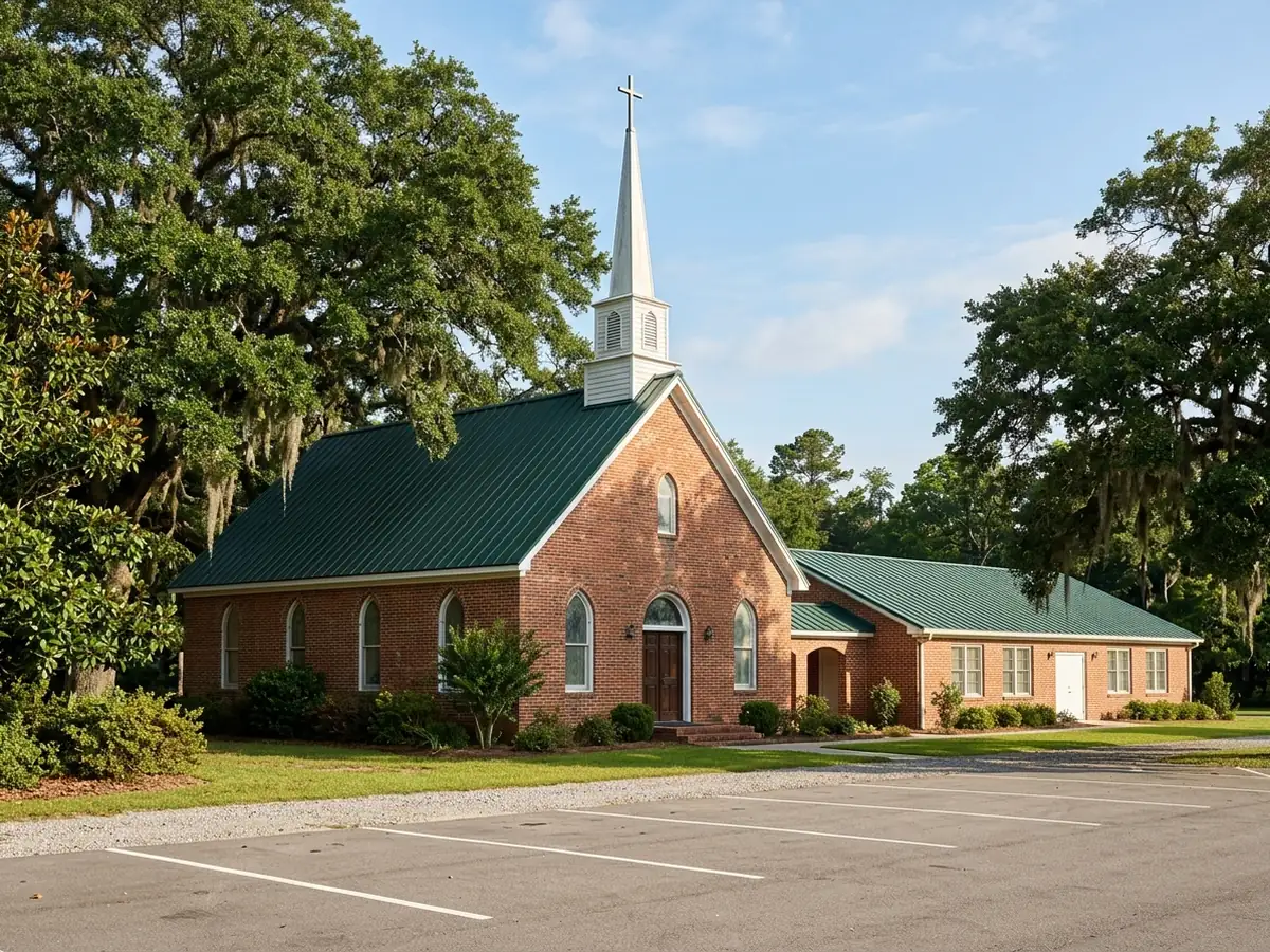 Small brick church with a tall gable and white steeple, roofed in new forest green standing seam metal, with a fellowship hall beside it