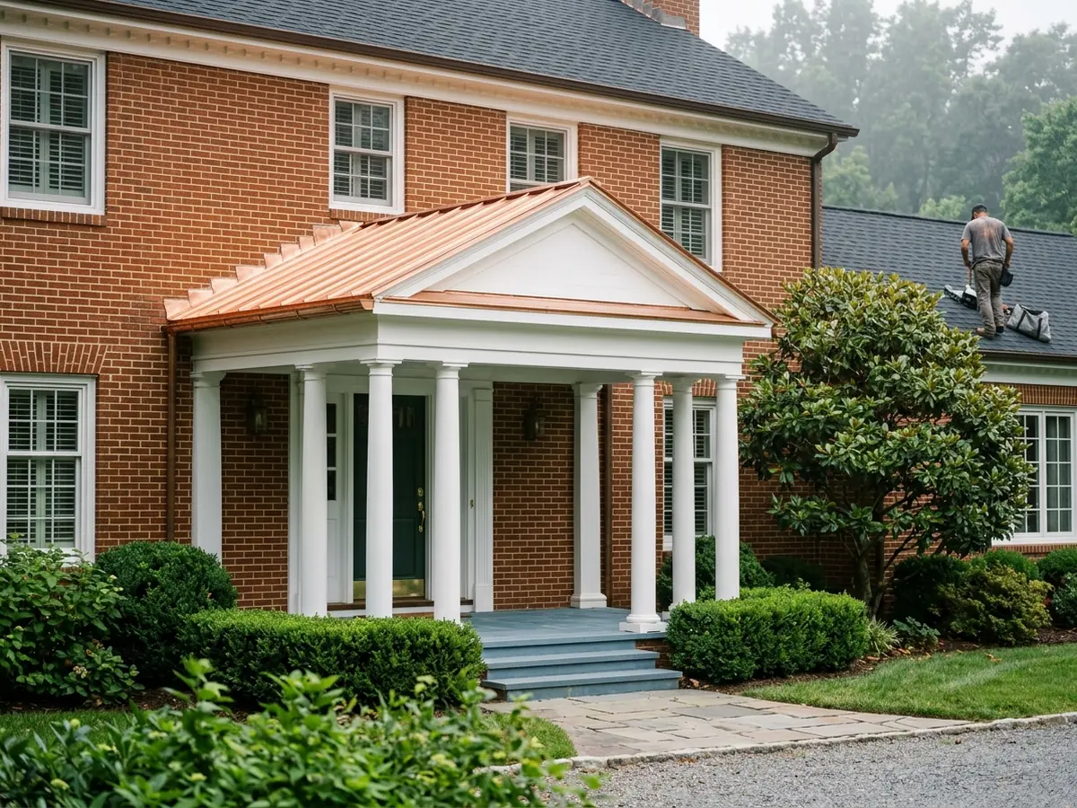 Copper standing seam roof in bright new copper over a columned front portico of a brick colonial house