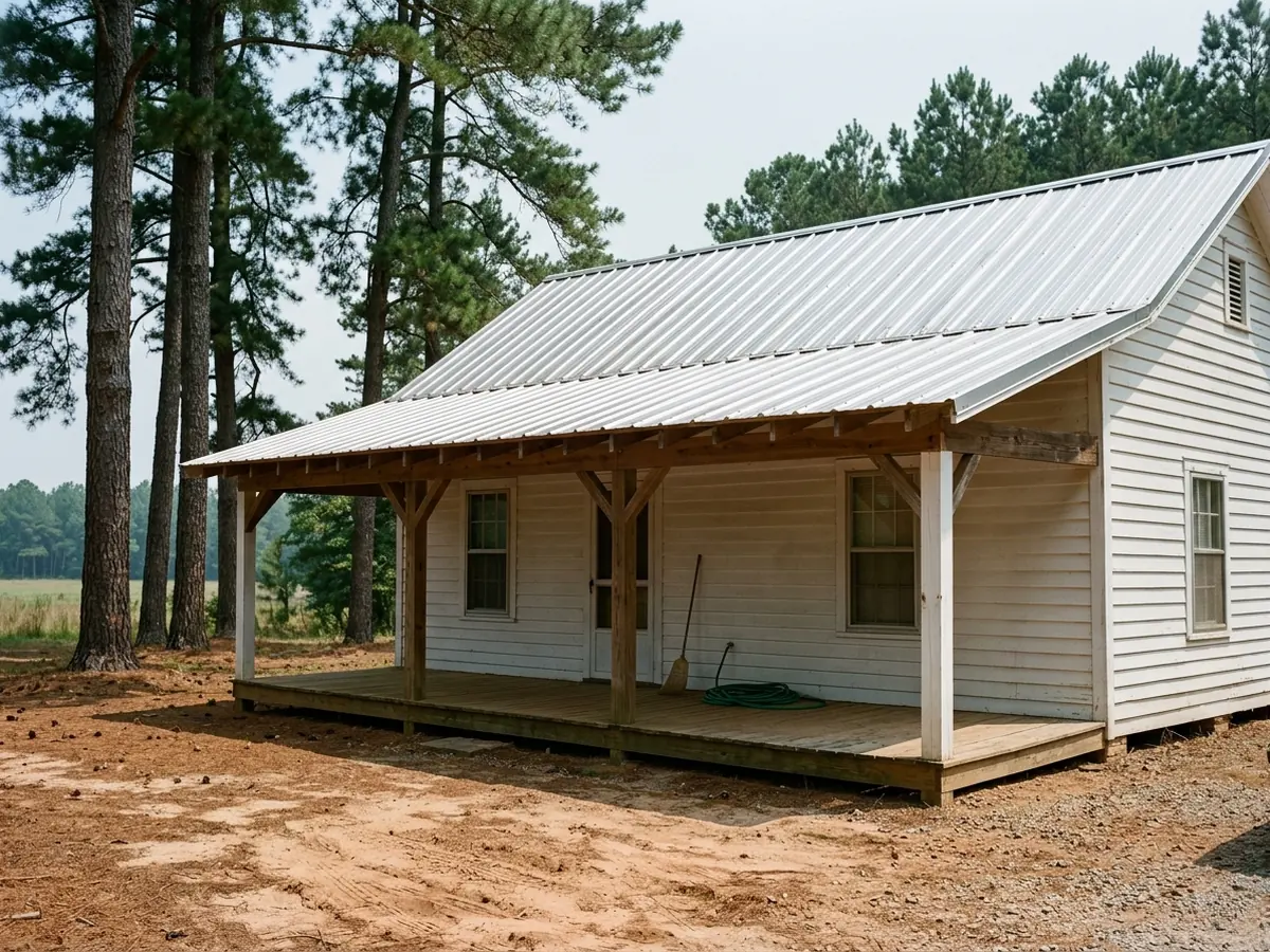 Classic round-wave corrugated metal roof in bare silver Galvalume on a small farmhouse porch, rows of screws running across the waves
