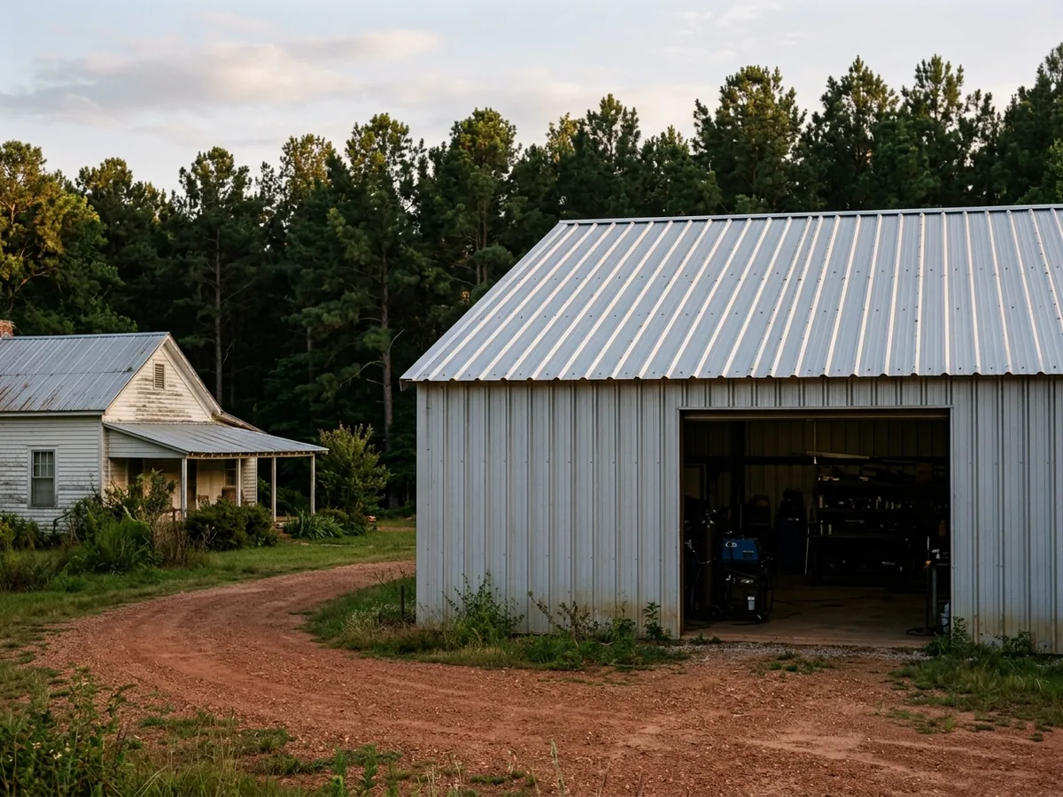 Galvalume silver ribbed metal roof and walls on a shop building beside a small white farmhouse, red dirt drive and pine woods behind