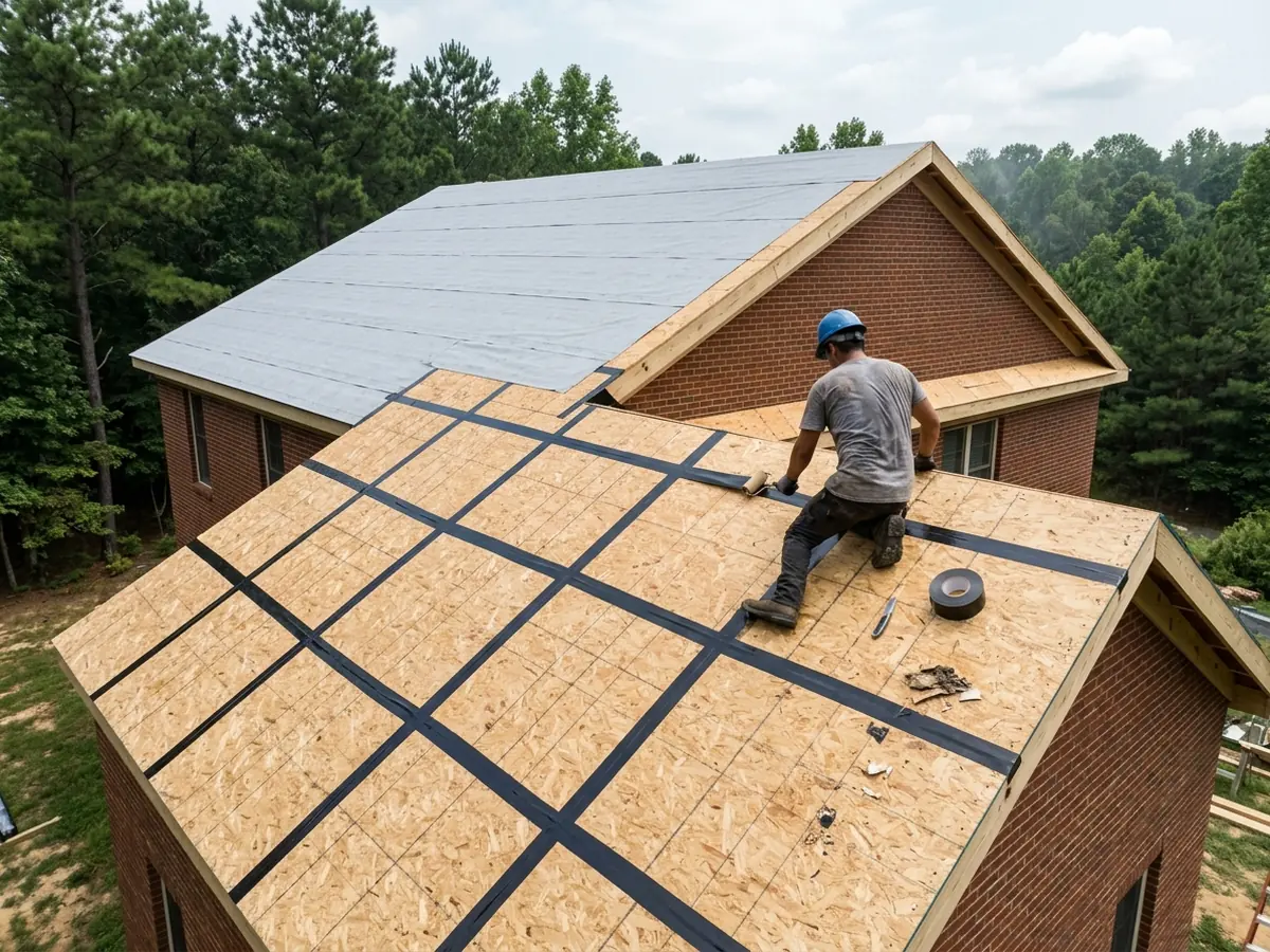 Plywood roof deck with every seam covered by strips of black self-adhered membrane tape, half the roof already under grey underlayment, on a two-storey brick house