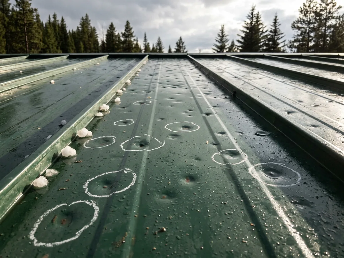 Close view of a dark green standing seam panel pocked with scattered round hail dents, a few marked with white chalk circles, after a storm