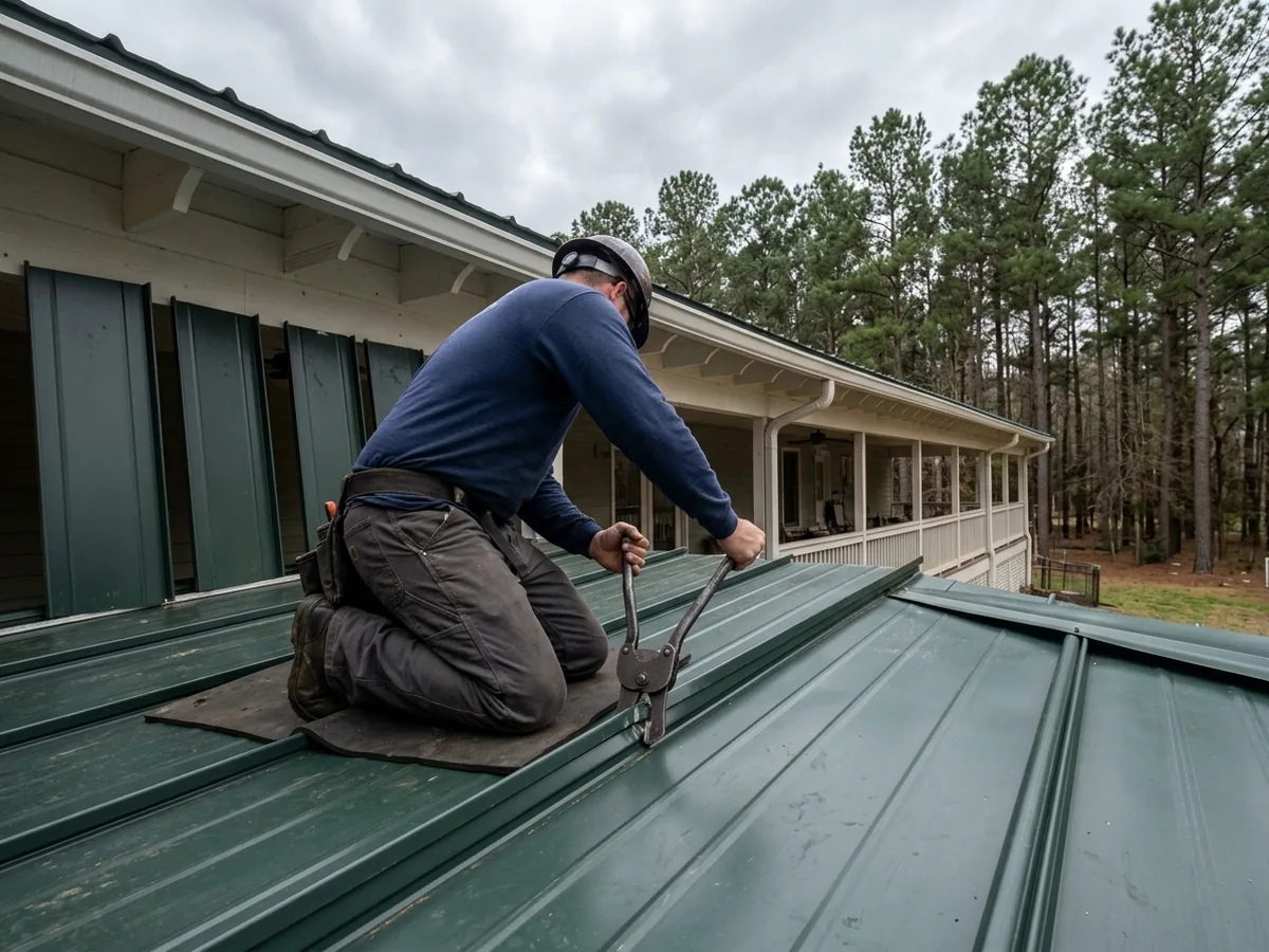 Roofer seen from behind running a handheld seaming tool along a double-lock standing seam on a nearly flat metal roof