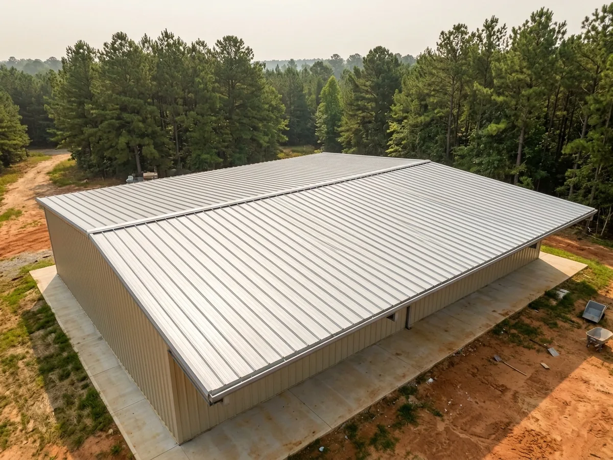 Wide low-slope Galvalume standing seam roof on a pre-engineered metal warehouse, seams running from ridge to eave across the whole building