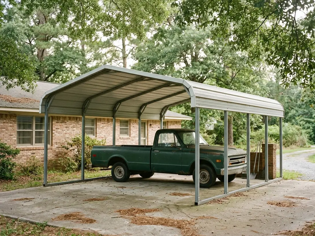 Regular-style metal carport with rounded eaves and roof panels running side to side, a pickup parked under it beside a brick ranch house