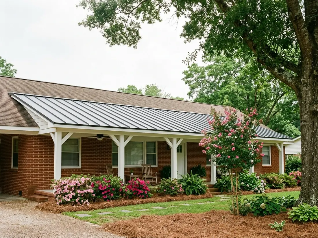 Long front porch on a single-storey brick ranch house roofed in charcoal standing seam metal, white posts and a shingled main roof above