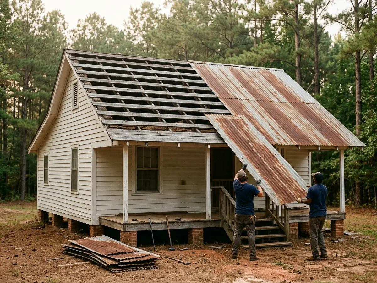 Rusted old corrugated steel sheets being lifted off a farmhouse roof, exposing weathered wood purlins over board sheathing, with a stack of removed sheets on the ground