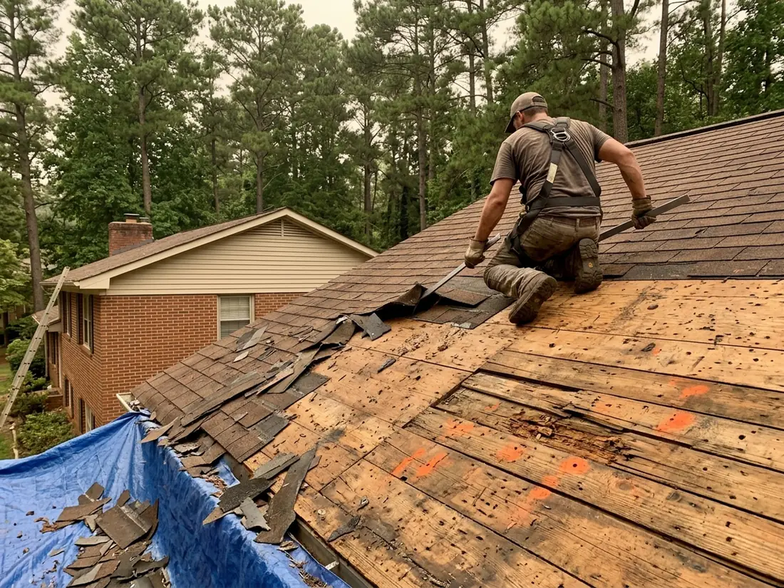Roofer seen from behind prying old brown asphalt shingles off a split-level house roof with a plain flat bar, bare plywood and board sheathing exposed