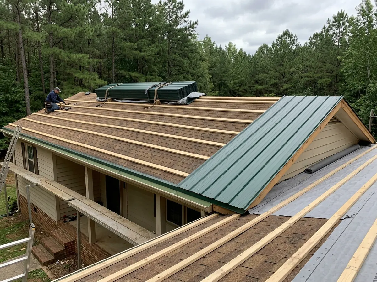 Wooden purlins screwed in rows over old brown asphalt shingles, with synthetic underlayment and the first dark green metal panels installed at one end