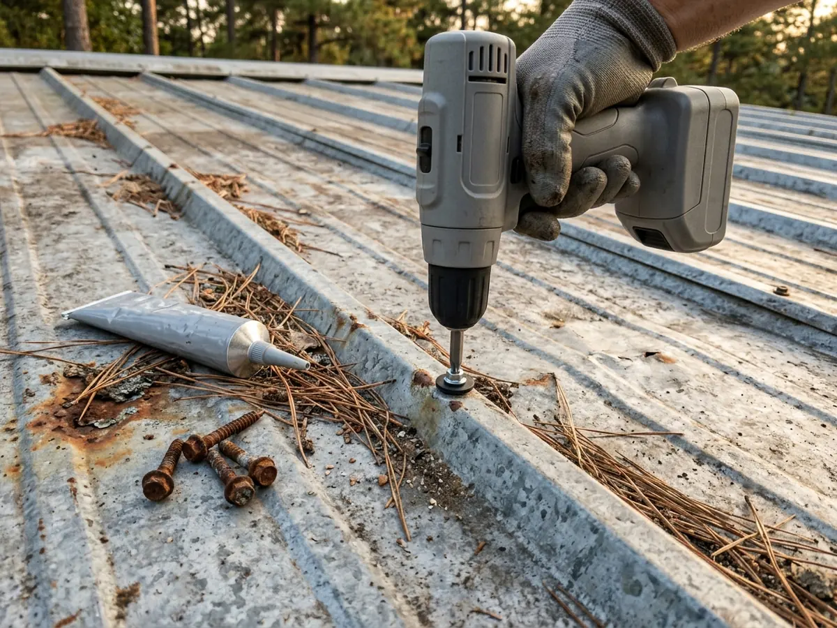 Gloved hand driving a new hex-head screw with a neoprene washer into the rib of a weathered galvanized metal roof panel