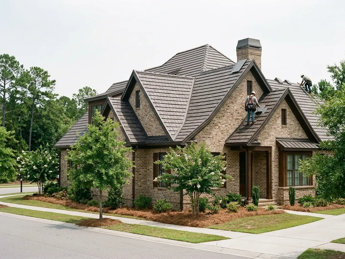 Two-storey tan brick house with a steep roof in dark weathered-wood colored steel shingles stamped with an irregular dimensional tab pattern