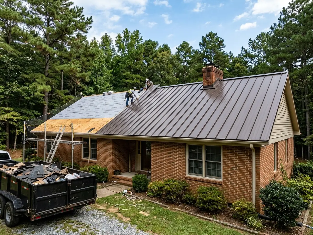 Brick ranch roof half stripped to plywood decking under grey synthetic underlayment, the other half finished in dark bronze standing seam panels