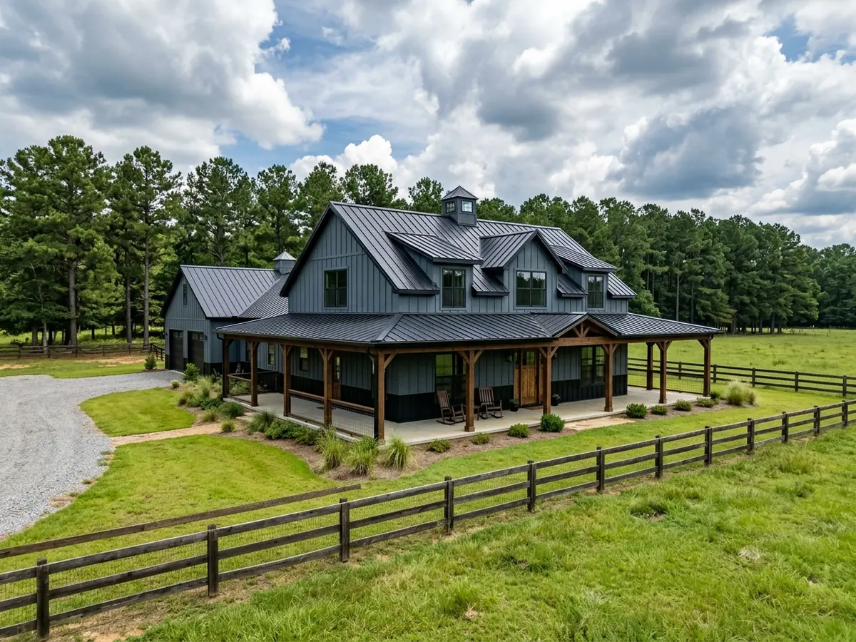 Black standing seam metal roof with long unbroken panels over a barndominium-style house with a wraparound porch, pasture fence and pine trees behind