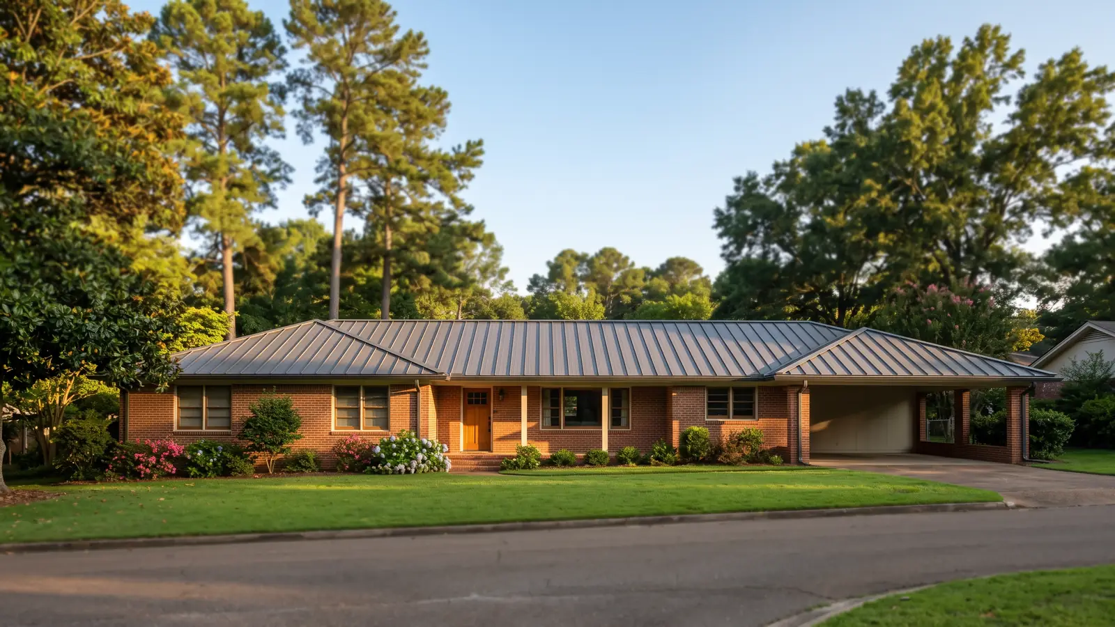 Long single-story red-brick ranch house with a new charcoal standing seam metal roof and a carport, tall pines and a magnolia around the yard