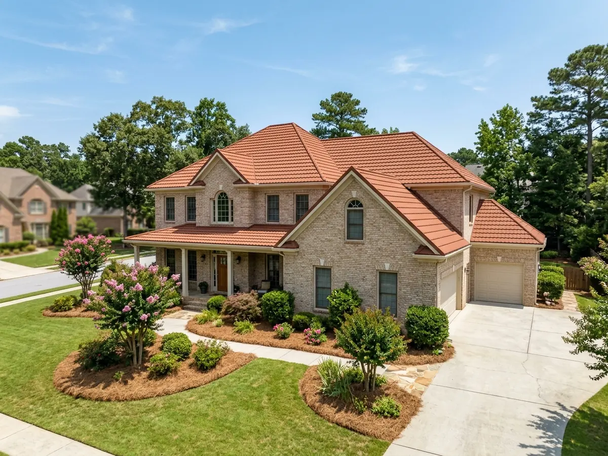 Two-story beige brick house with hip roofs in terracotta stone-coated steel tile panels, crape myrtles and pine straw beds in front
